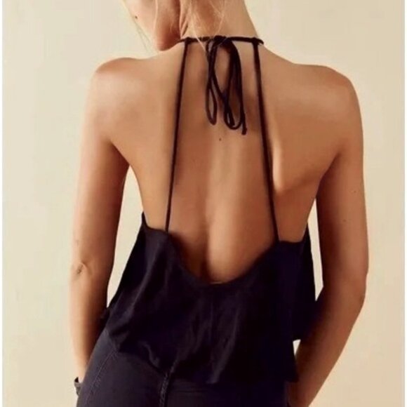 Free People Cropped Halter Tank Top XL Black Knit Linen-blend Long Weekend NWT - Picture 2 of 16